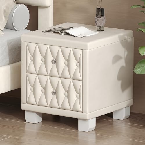 Velvet Upholstered Nightstand with 2 Drawers and Crystal Handles, Beige