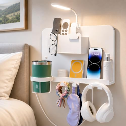 Floating Bedside Wall Shelf Metal Organizer with Cup Holder