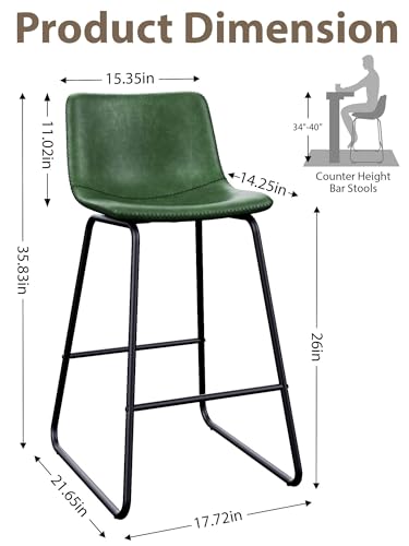 26-Inch Counter Height Bar Stools, Set of 3, Green Faux Leather with Backrest