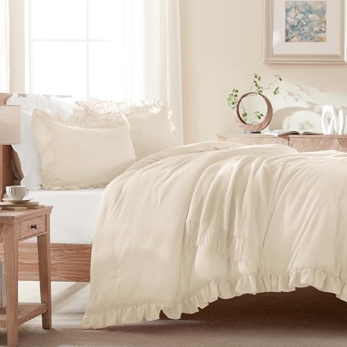 Beige Ruffled Queen Comforter Set - 3 Piece Lightweight Bedding