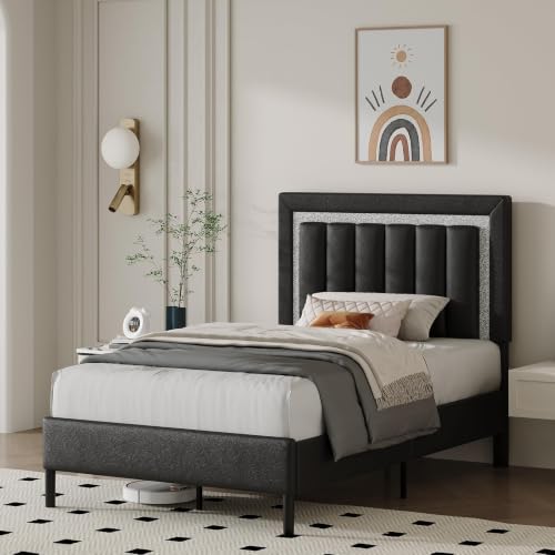 Twin Size Upholstered Platform Bed Frame with Diamond Tufted Headboard, Black