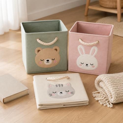 Collapsible Felt Storage Bins - Set of 3 Cube Organizers with Rope Handles