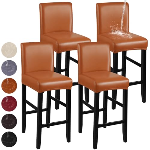 Waterproof PU Bar Stool Covers - Stretch Slipcovers (4 Pack, Light Brown)
