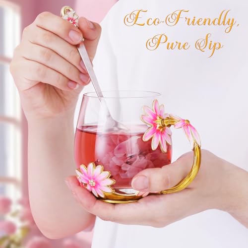 MNZZ Tall-Teal Women Glass Tea Cup Set with Spoon – 3D Butterfly Design Gift