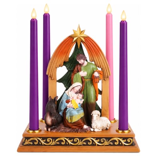 Christmas Nativity Advent Candle Holder - Descending Candlestick, Holy Family Scene