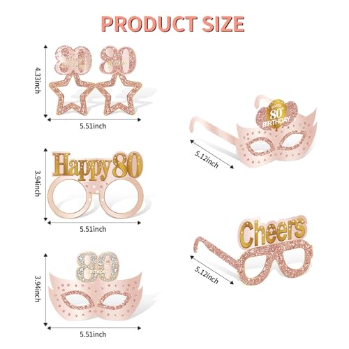 80th Birthday Paper Eyeglasses Photo Booth Props - 24 Pack Rose Gold