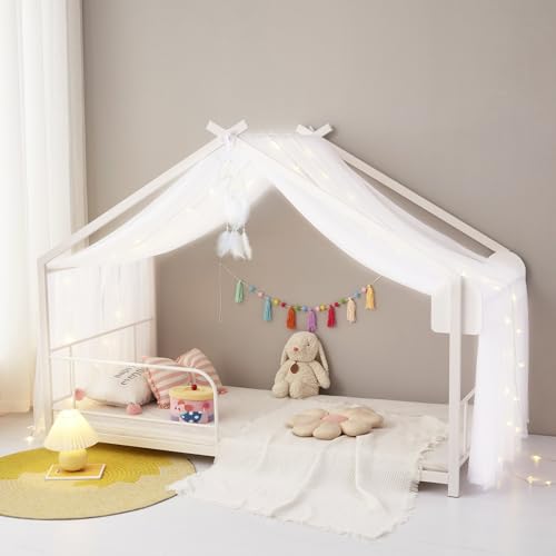 White Sheer Voile Bed Canopy Curtains with Star Lights for Kids House Beds