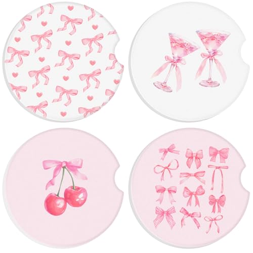 4 Pcs Pink Bow Car Coasters for Cup Holders - 2.56" Absorbent Ceramic, Boao (Pink Bow Variation)