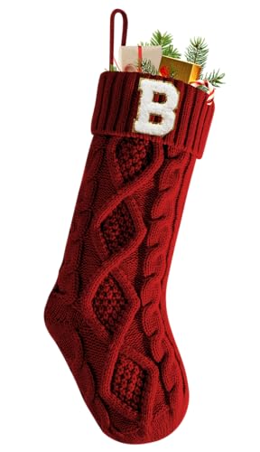 18 Inches B Burgundy Personalized Initial Monogram Christmas Stocking, Embroidered Gold Edge