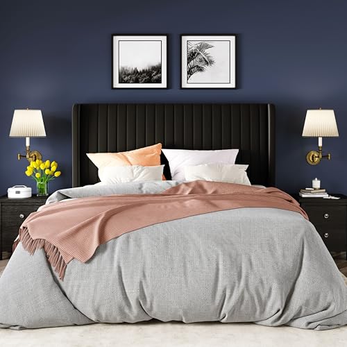 Queen Size Velvet Platform Bed Frame with Wingback Headboard, Black