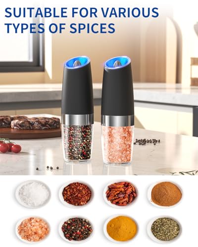 Gravity Electric Salt and Pepper Grinder Set with LED Light, Battery Operated