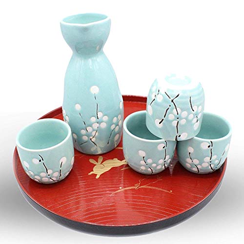 White Flower on Blue Japanese Ceramic Sake Set 5 Piece Tokkuri & Ochoko Cups