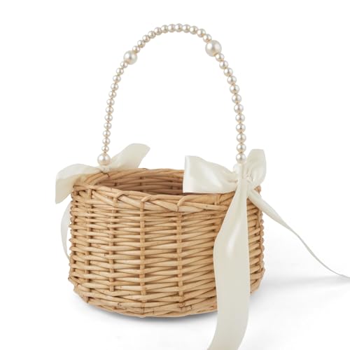 Hand-Woven Rattan Flower Girl Basket with Pearl Handle and Satin Bows