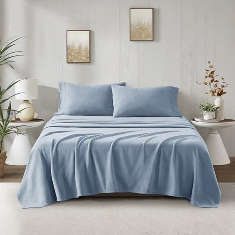 True North by Sleep Philosophy Micro Fleece Bed Sheet Set, Warm, Sheets with 14" Deep Pocket, for Cold Season Cozy Sheet-Set, Matching Pillow Case, Twin XL, Blue, 3 Piece