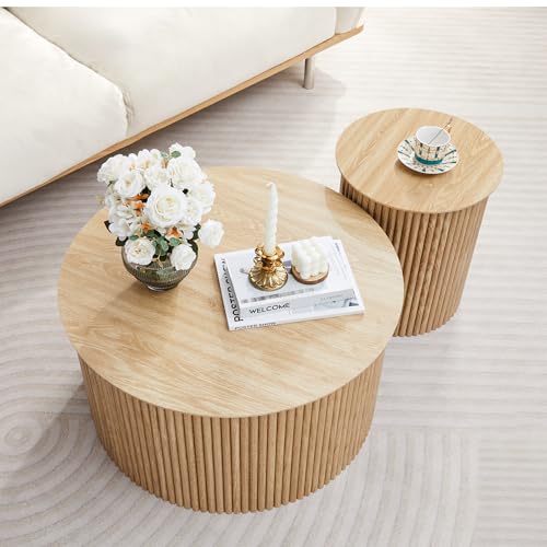 Fluted Round Nesting Coffee Table Set of 2, Modern Wood Center Tables