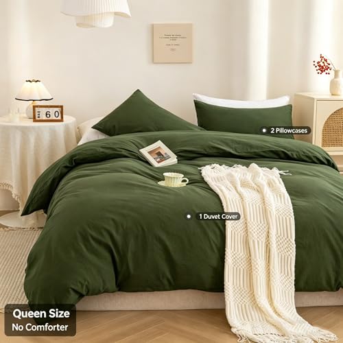 100% Washed Cotton Queen Duvet Cover Set - 3 Piece Bedding (Avocado Green)