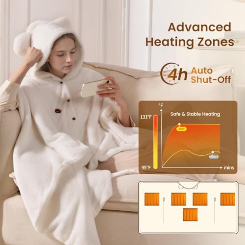 Portable Cordless Heated Blanket Shawl, 50x70 Fleece Wearable Hoodie, Beige