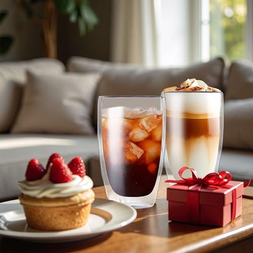 MESNEY 17oz Double Walled Glass Coffee Mugs Set of 2 - Insulated, Clear Latte Cups for Home & Cafe