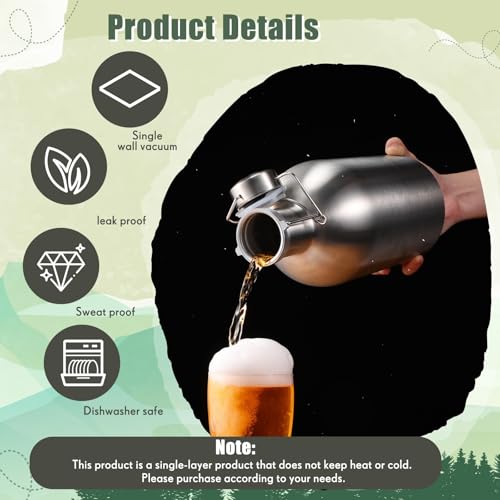 64 oz Stainless Steel Beer Growler, Leak Proof Half Gallon Travel Bottle