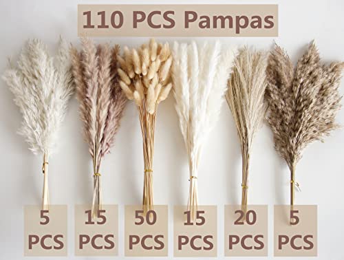 110 Pcs Dried Pampas Grass Bouquet with Bunny Tails - Boho Home Decor