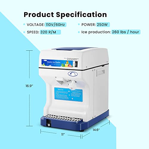 VIVOHOME Electric Ice Crusher Shaver 260 lbs/hr Commercial Snow Cone Machine Blue