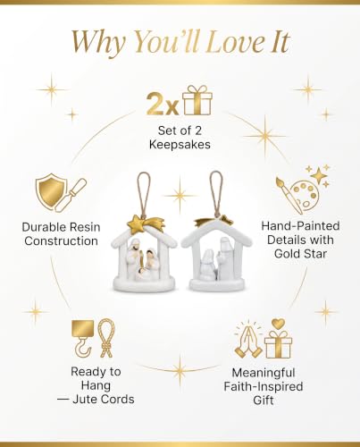 GoGnome Nativity Ornaments 2-Pack – White Arch Stable Holy Family with Gold Star