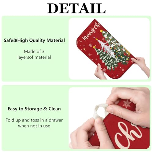 Christmas Kitchen Dish Drying Mat 16x18 Inches, Red Snowflake Tree Pattern, Absorbent Microfiber, Festive Holiday Countertop Mat