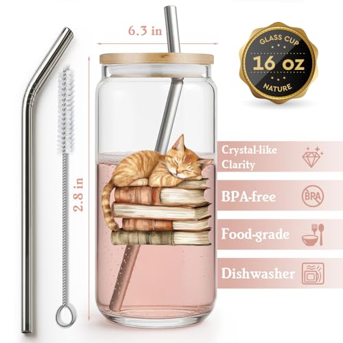 Niyorayna 16oz Glass Drinking Cup with Lid & Straw - Cute Cat Bookish Gift for Women, Mom, Sister, Book Lovers