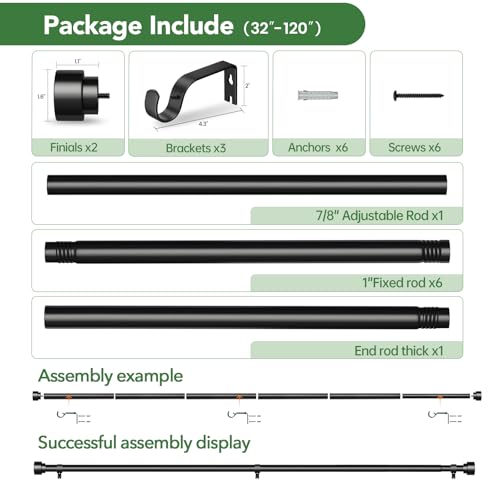 Adjustable Heavy Duty Black Curtain Rod 32 to 120 Inch, 1 Inch Diameter