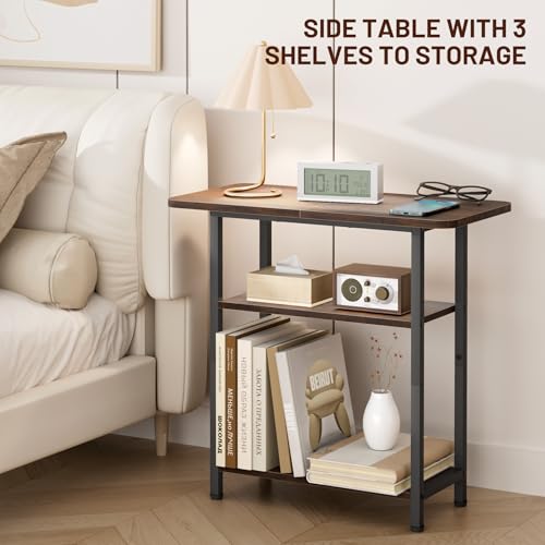 3-Tier Industrial End Table, Narrow Nightstand for Small Spaces