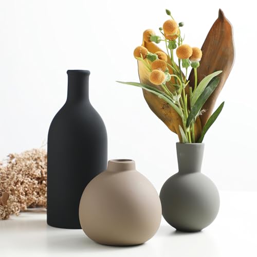 Rustic Ceramic Vase Set of 3 - Farmhouse Pottery Vases for Flowers