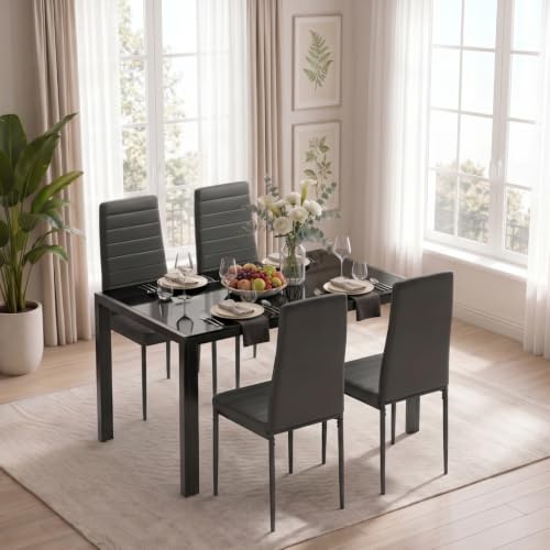 5-Piece Modern Dining Set with Glass Table and 4 Cushioned PU Leather Chairs
