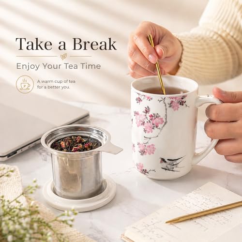 AmorArc Peach Blossom Tea Cup with Infuser & Lid, 18oz Loose Leaf Mug