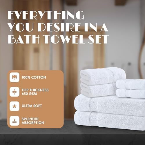 6-Piece 100% Cotton Bath Towel Set - 650GSM Soft & Highly Absorbent