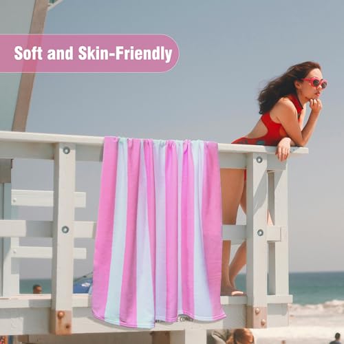 Oversized Microfiber Beach Towel 35x70 Inch, Pink Striped Quick Dry Pool Towel
