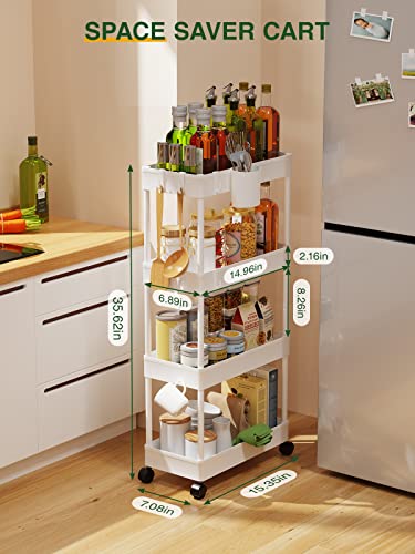 4-Tier Slim Rolling Storage Cart, 7.1" Narrow Mobile Utility Organizer, White