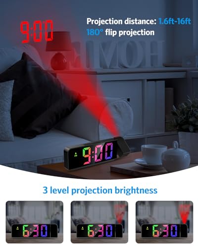 LED Projection Alarm Clock with 7.9" Display, Adjustable Brightness & Snooze