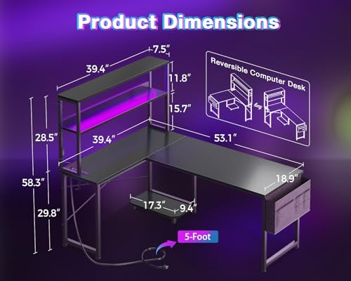 53-Inch Reversible L-Shaped Gaming Desk with LED Lights & Outlets