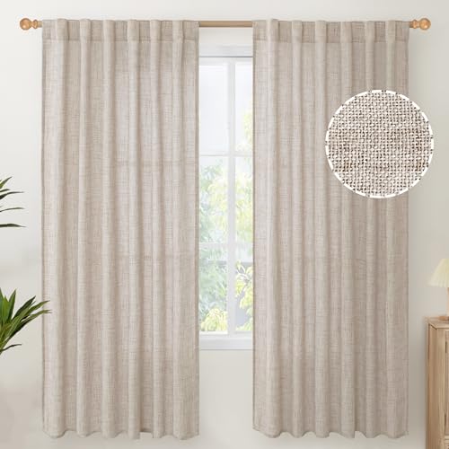 Beige Linen Light Filtering Semi Sheer Curtains - 52x72 Inch, 2 Panels