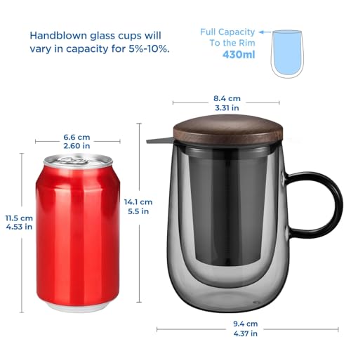 Glastal Black Tea Infuser Mug 14.5oz Double-Walled Glass with Handle - Type 2