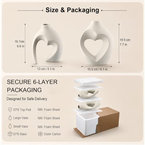 White Ceramic Heart-Shaped Vase Set of 2 - Boho Minimalist Table Centerpiece