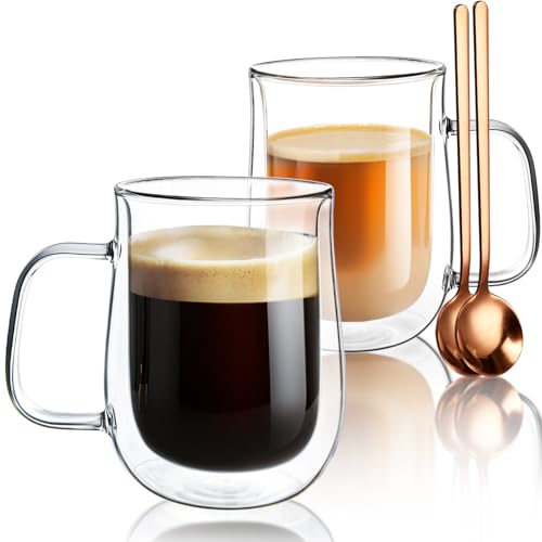 COMOME 16 oz Double Walled Borosilicate Glass Coffee Mugs Set of 2 with Spoons - Insulated Hot Beverage Cups