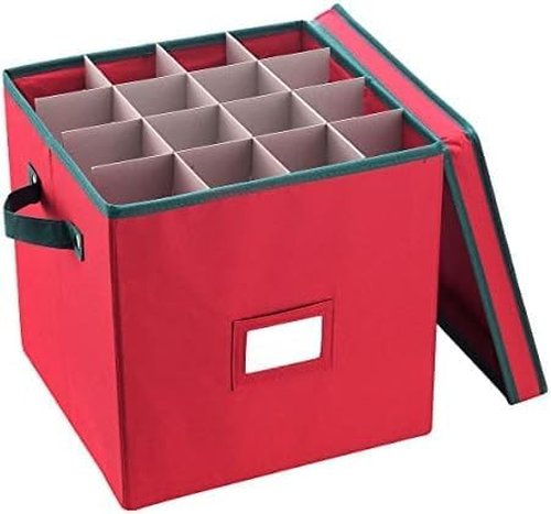 Elf Stor Christmas Decor Storage Box - Red Oxford Canvas Ornament Chest with 64 Dividers & Lid | Pack of 6