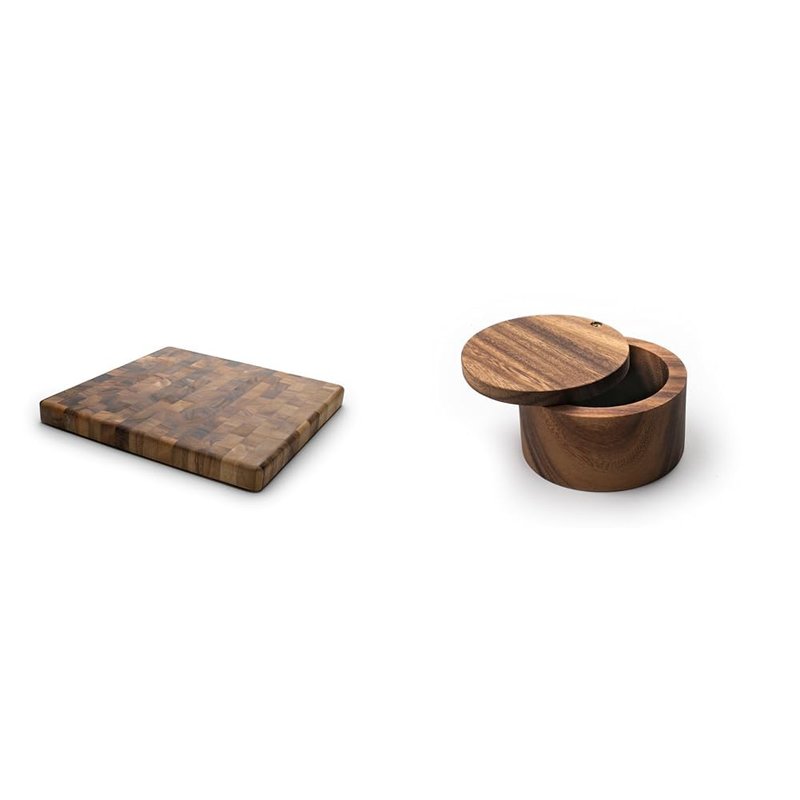 Ironwood Gourmet 28218 Square Charleston End Grain Chef's Board, Acacia Wood 14" Square & 28221 Appalachian Salt Cellar, Acacia Wood, 4 x 4 x 2.5 inches, Brown