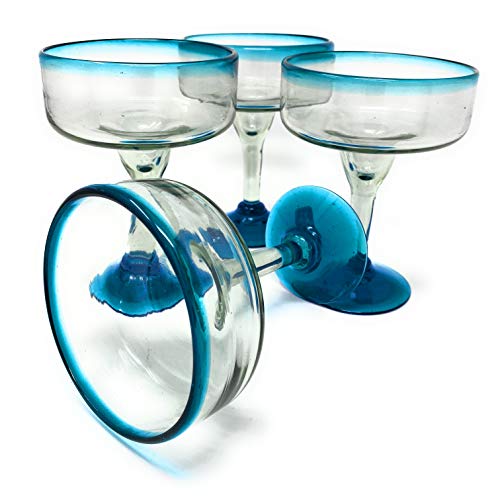 Set of 4 Mexican Hand Blown Margarita Glasses - 16 oz Aqua Blue Rims