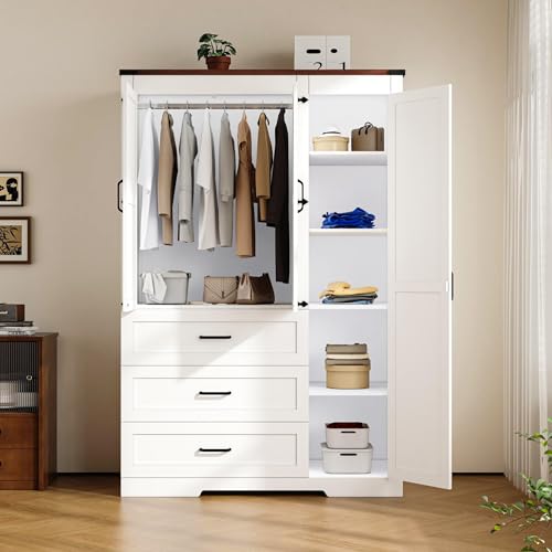 3-Door Bedroom Armoire Wardrobe with Drawers and Adjustable Shelves