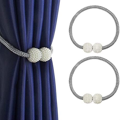 Magnetic Curtain Tiebacks with Pearl Ball, 3-Piece Braided Rope Set