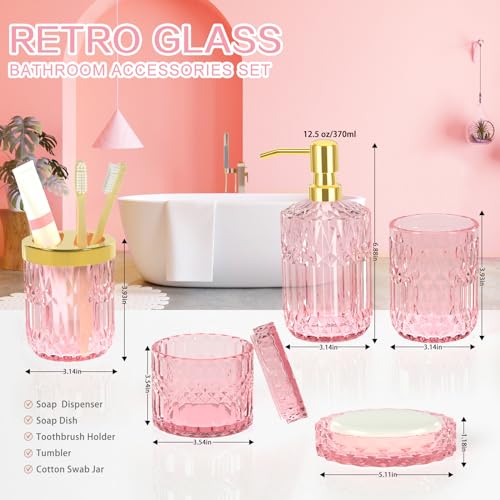 5-Piece Pink Glass Bathroom Accessory Set - Elegant Countertop Organizer