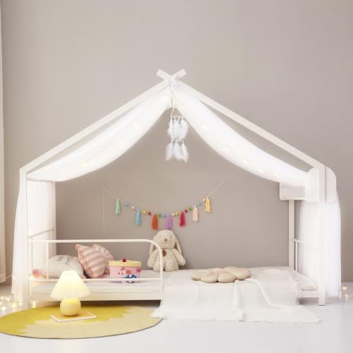White Sheer Voile Bed Canopy Curtains with Star Lights for Kids House Beds