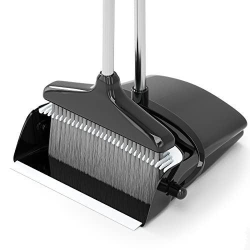 Broom and Dustpan Set with Adjustable Long Handle & Built-in Comb Teeth